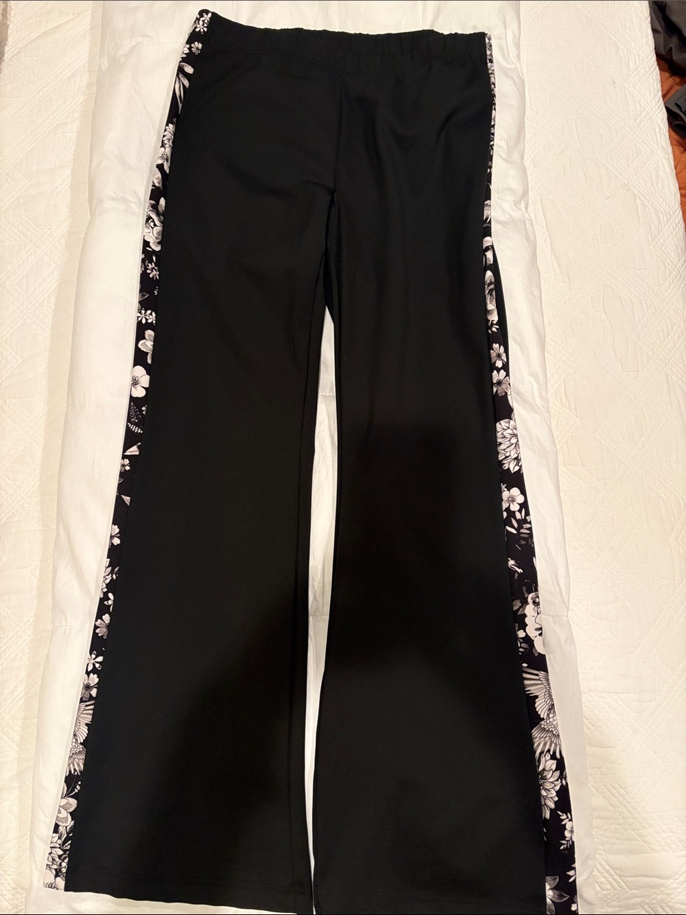 Johnny Was Black Wide-Leg Pants with Floral Side Panels L